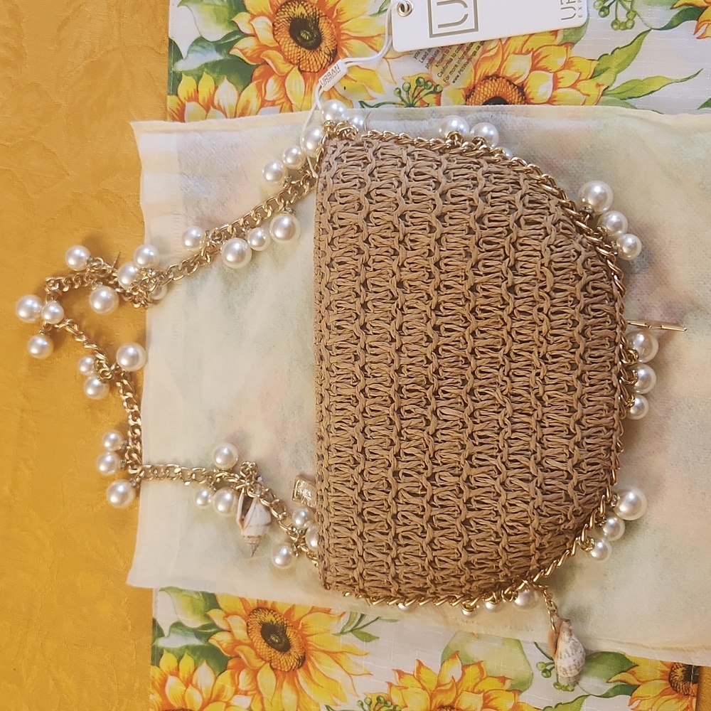 Elegant Brown Woven Bag with Pearl Accents